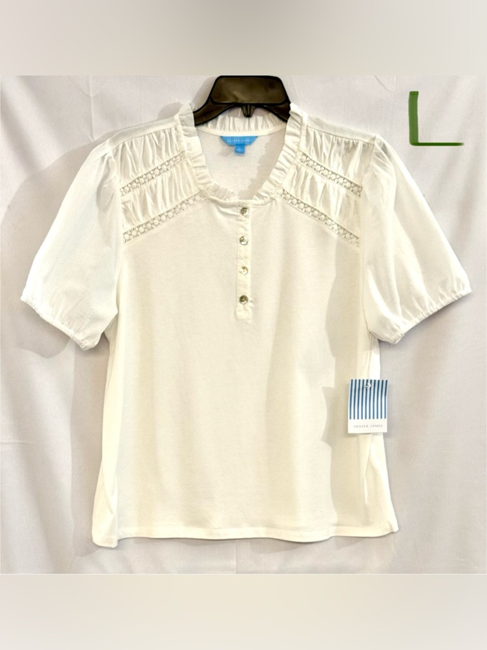 Draper James White Ruffle-Yoke Short Sleeve Henley Top